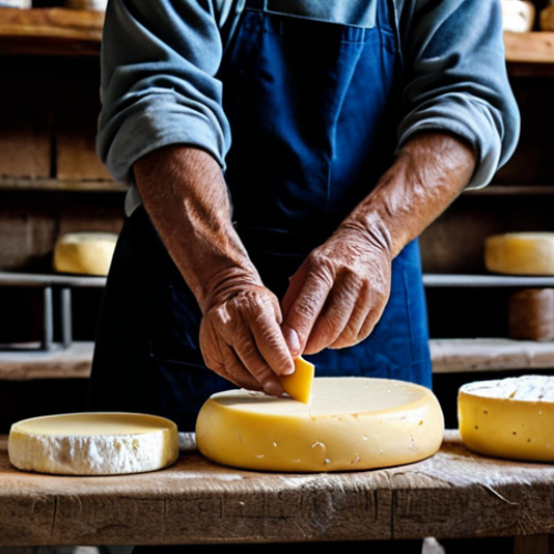 Artisan Cheese Production**

"A close-up photograph of a cheesemaker, deeply wrinkled hands carefully shaping a fresh *queso de cabra* in a rustic workshop in Extremadura, Spain.  The scene is bathed in warm, natural light filtering through a window.  Wooden shelves laden with aging cheeses line the background. *Perfect anatomy, correct proportions, natural pose, well-formed hands, proper finger count.* *Safe for work, appropriate content, fully clothed, modest clothing, professional photography, high quality.*"

**