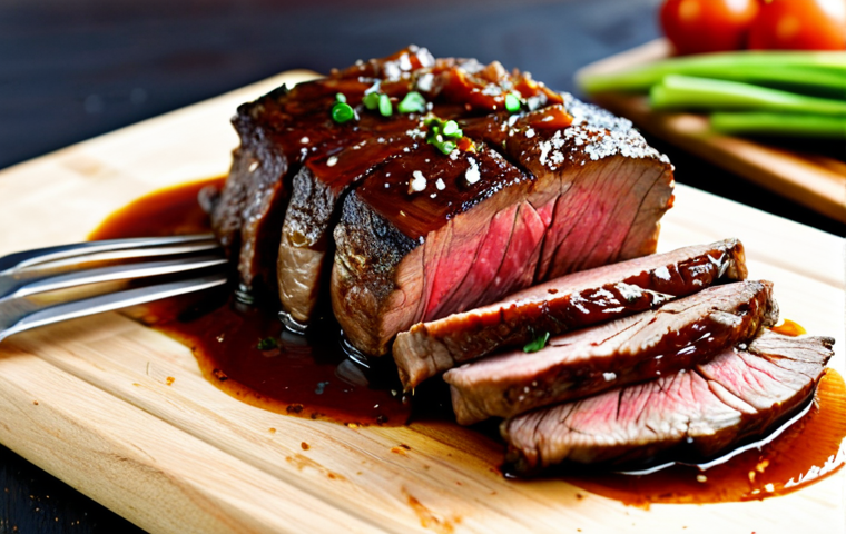 **

"A close-up of slow-cooked chuck roast ("aguja") being shredded with two forks, bathed in a rich, dark soy sauce glaze. The beef is tender and glistening, resting on a wooden cutting board. Background: blured shot of organic vegetables, like onions and carrots. safe for work, appropriate content, fully clothed, professional food photography, high detail, natural lighting."

**