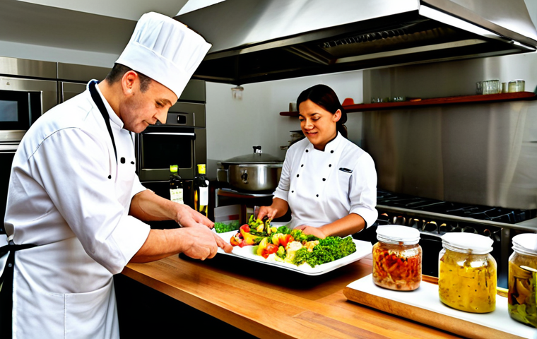 Escabeche Scene**
"A brightly lit kitchen scene showcasing a chef preparing 'escabeche de pollo'. The chef, fully clothed in a professional white chef's coat and apron, is carefully arranging pieces of seasoned chicken in a glass jar. Jars of colorful pickled vegetables and bottles of olive oil and vinegar are in the background. Natural light, safe for work, appropriate content, fully clothed, professional, perfect anatomy, natural proportions, high quality food photography."
**