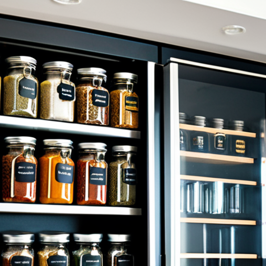 향신료 보존을 위한 전통 기법 - Modern Spice Storage**
"A well-organized spice rack in a modern kitchen, featuring dark glass jars ...