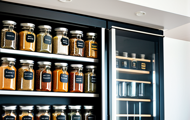 향신료 보존을 위한 전통 기법 - Modern Spice Storage**
"A well-organized spice rack in a modern kitchen, featuring dark glass jars ...