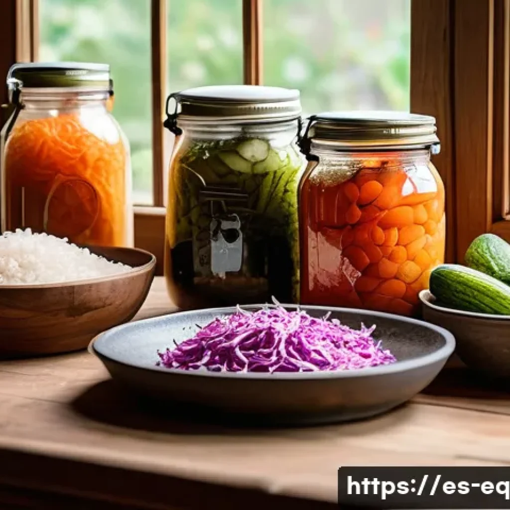 전통적인 야채 보존법을 통한 맛의 깊이 - A rustic kitchen scene showcasing a traditional Spanish home environment with a wooden table filled ...