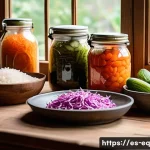 Home 20 전통적인 야채 보존법을 통한 맛의 깊이 - A rustic kitchen scene showcasing a traditional Spanish home environment with a wooden table filled ...