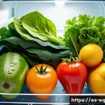 Home 19 식재료 보존법에 따른 맛의 변화 - A vibrant kitchen scene showcasing a variety of fresh fruits and vegetables stored in a modern refri...