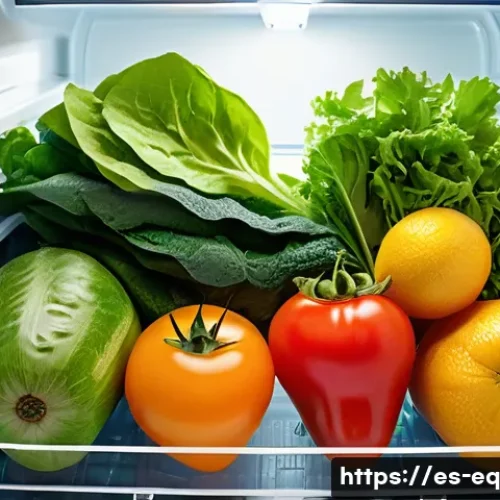 Home 31 식재료 보존법에 따른 맛의 변화 - A vibrant kitchen scene showcasing a variety of fresh fruits and vegetables stored in a modern refri...