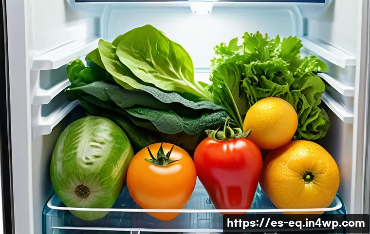 식재료 보존법에 따른 맛의 변화 - A vibrant kitchen scene showcasing a variety of fresh fruits and vegetables stored in a modern refri...