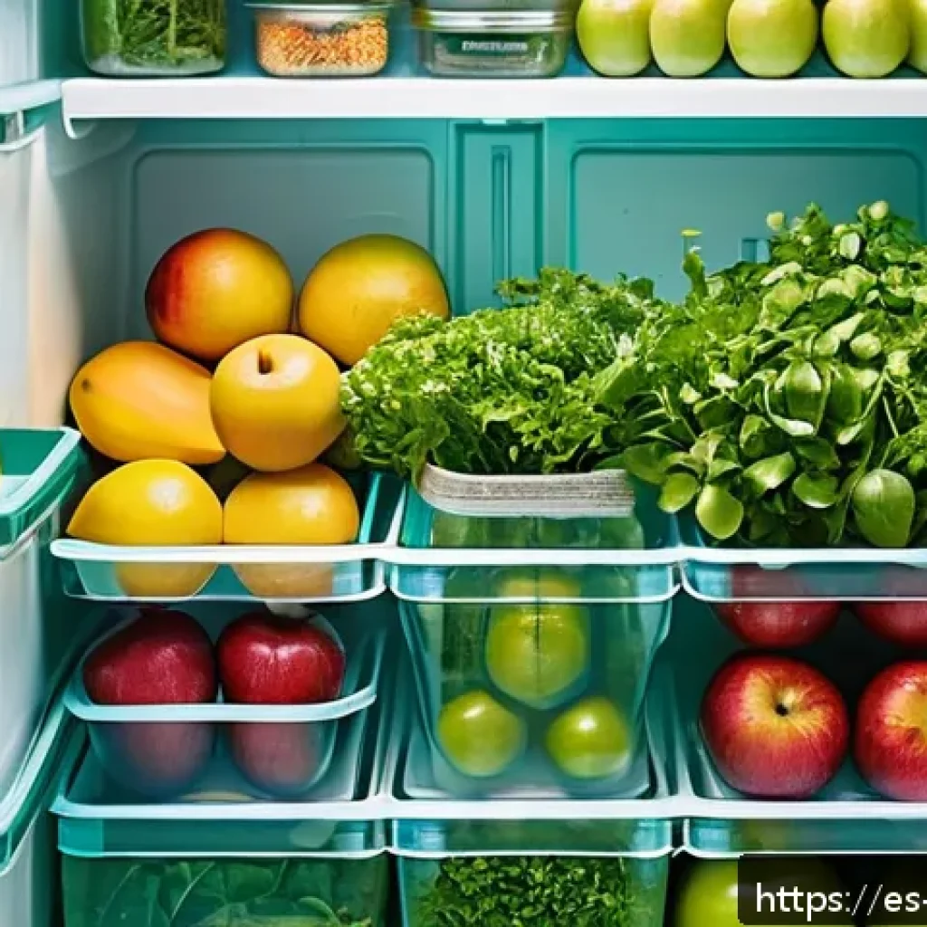 식재료 보존을 위한 나만의 레시피 개발하기 - A vibrant, well-organized refrigerator interior showcasing fresh fruits and vegetables stored meticu...