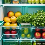 Home 18 식재료 보존을 위한 나만의 레시피 개발하기 - A vibrant, well-organized refrigerator interior showcasing fresh fruits and vegetables stored meticu...