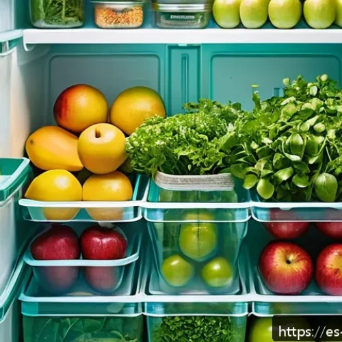 Home 30 식재료 보존을 위한 나만의 레시피 개발하기 - A vibrant, well-organized refrigerator interior showcasing fresh fruits and vegetables stored meticu...