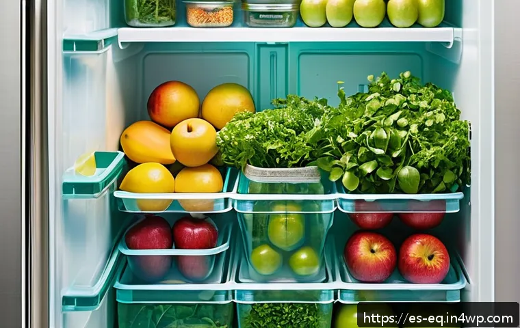 식재료 보존을 위한 나만의 레시피 개발하기 - A vibrant, well-organized refrigerator interior showcasing fresh fruits and vegetables stored meticu...