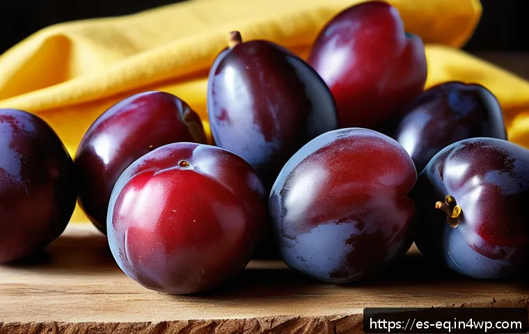 전통 방식으로 만드는 매실청 - A vibrant close-up of ripe plums freshly picked from an organic orchard, showing a mix of deep red a...