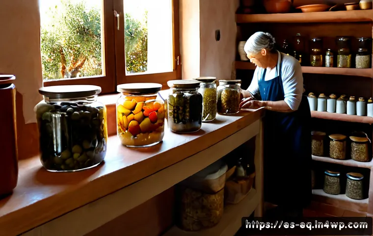 Home 17 전통 식재료 보존을 위한 창의적 접근 - Photorealistic sunlit Spanish countryside kitchen, an older artisan preserving traditional ingredien...