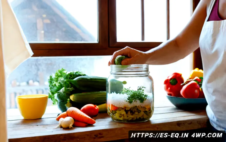 집에서 할 수 있는 전통 발효법 - Photorealistic Spanish home kitchen scene showing traditional vegetable fermentation: a clear glass ...